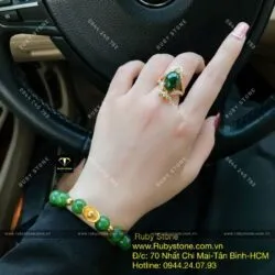 Bộ vòng Ngọc bích mix charm vàng 24k và nhẫn Oval, vàng 10k - Hình ảnh 2