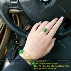 Bộ sản phẩm vòng ngọc bích 10 ly mix charm vàng 24k và nhẫn hồ ly, vàng 10k