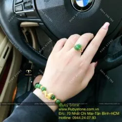 Bộ sản phẩm vòng tay ngọc bích 8 ly mix charm hồ ly vàng 24k và nhẫn hồ ly vàng 10k