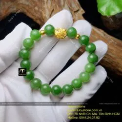 Vòng Ngọc bích 10 ly, mix charm Khoá trường mệnh vàng 24k