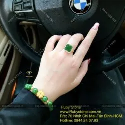 Bộ vòng Lu thống ngọc bích và nhẫn cỏ 4 cánh, vàng 18k - Ảnh 4