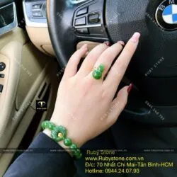 Bộ vòng chuỗi Ngọc bích mix liên hoa, bi vàng 24k và nhẫn hồ lô ngọc bích, vàng 10k - Ảnh 3