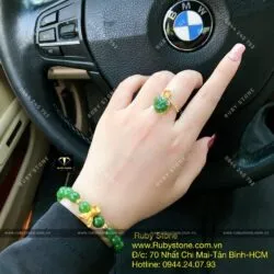 Bộ sản phẩm vòng Ngọc bích 8 ly mix charm hồ ly vàng 24k và nhẫn hồ ly, vàng 10k