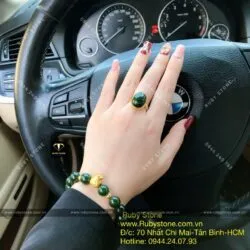 Bộ vòng ngọc bích 10 ly mix charm vàng 24k và nhẫn Oval, vàng 18k
