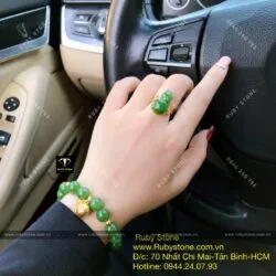 Bộ vòng chuỗi Ngọc bích 10 ly mix charm vàng 24k và nhẫn hồ lô ngọc bích, vàng 10k - Ảnh 5