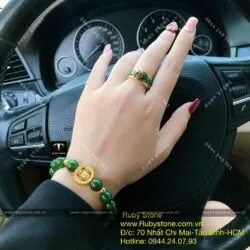 Bộ vòng ngọc bích 10 ly mix charm vàng 24k và nhẫn hoàng gia, vàng 10k - Ảnh 6