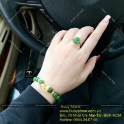 Bộ sản phẩm vòng tay ngọc bích 8 ly mix charm hồ ly vàng 24k và nhẫn hồ ly vàng 10k - Ảnh 2