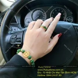 Bộ sản phẩm vòng tay Ngọc bích 10 ly mix charm vàng 24k và nhẫn kim tiền, vàng 10k - Ảnh 2