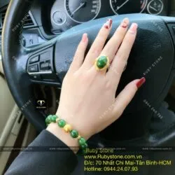 Bộ vòng ngọc bích 10 ly mix charm vàng 24k và nhẫn hoàng gia, vàng 10k