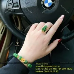 Bộ sản phẩm Vòng tay ngọc bích mix charm vàng 24k và nhẫn Tỳ hưu, vàng 10k - Hình ảnh 4