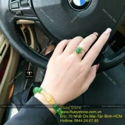 Bộ sản phẩm vòng ngọc bích 10 ly mix charm vàng 24k và nhẫn hồ ly, vàng 10k