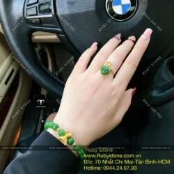 Bộ sản phẩm vòng Ngọc bích 8 ly mix charm hồ ly vàng 24k và nhẫn hồ ly, vàng 10k - Ảnh 3