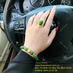 Bộ vòng ngọc bích 10 ly mix charm vàng 24k và nhẫn hoàng gia, vàng 10k - Ảnh 5