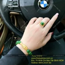 Bộ sản phẩm vòng Ngọc bích mix charm vàng 24k và nhẫn ổ vuông, vàng 10k