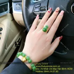 Bộ vòng chuỗi Ngọc bích mix liên hoa, bi vàng 24k và nhẫn hồ lô ngọc bích, vàng 10k - Ảnh 5