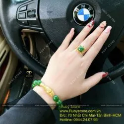 Bộ sản phẩm vòng Ngọc bích mix charm vàng 24k và nhẫn ổ vuông, vàng 10k - Ảnh 3