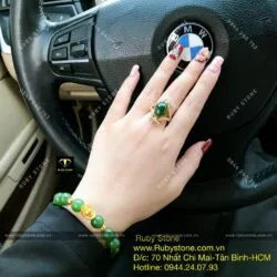 Bộ vòng Ngọc bích mix charm vàng 24k và nhẫn Oval, vàng 10k