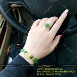 Bộ sản phẩm vòng tay ngọc bích 8 ly mix charm hồ ly vàng 24k và nhẫn hồ ly vàng 10k - Ảnh 3