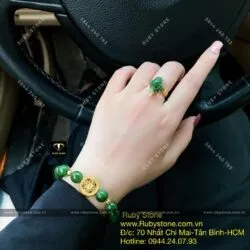 Bộ sản phẩm vòng tay Ngọc bích 10 ly mix charm vàng 24k và nhẫn thiềm thừ, vàng 10k - Ảnh 4
