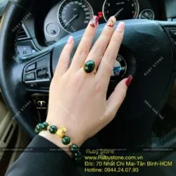 Bộ vòng ngọc bích 10 ly mix charm vàng 24k và nhẫn Oval, vàng 18k - Hình ảnh 7