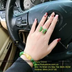 Bộ sản phẩm Vòng ngọc bích mix charm vàng 24k và nhẫn hồ điệp, vàng 10k - Hình ảnh 5