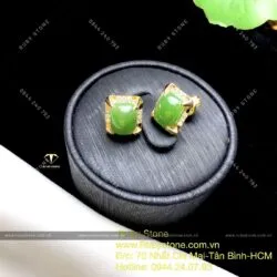 Khuyên tai Ngọc bích ổ chữ nhật, vàng 10k - Ảnh 7