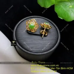 Khuyên tai ngọc bích cách điệu 5 cánh hoa, hột tròn 6 ly, vàng 10k - Ảnh 4