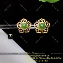Khuyên tai ngọc bích cách điệu 5 cánh hoa, hột tròn 6 ly, vàng 10k - Ảnh 11