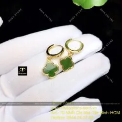 Khuyên tai cỏ 4 cánh Ngọc Bích kiểu tòng teng, vàng 10k