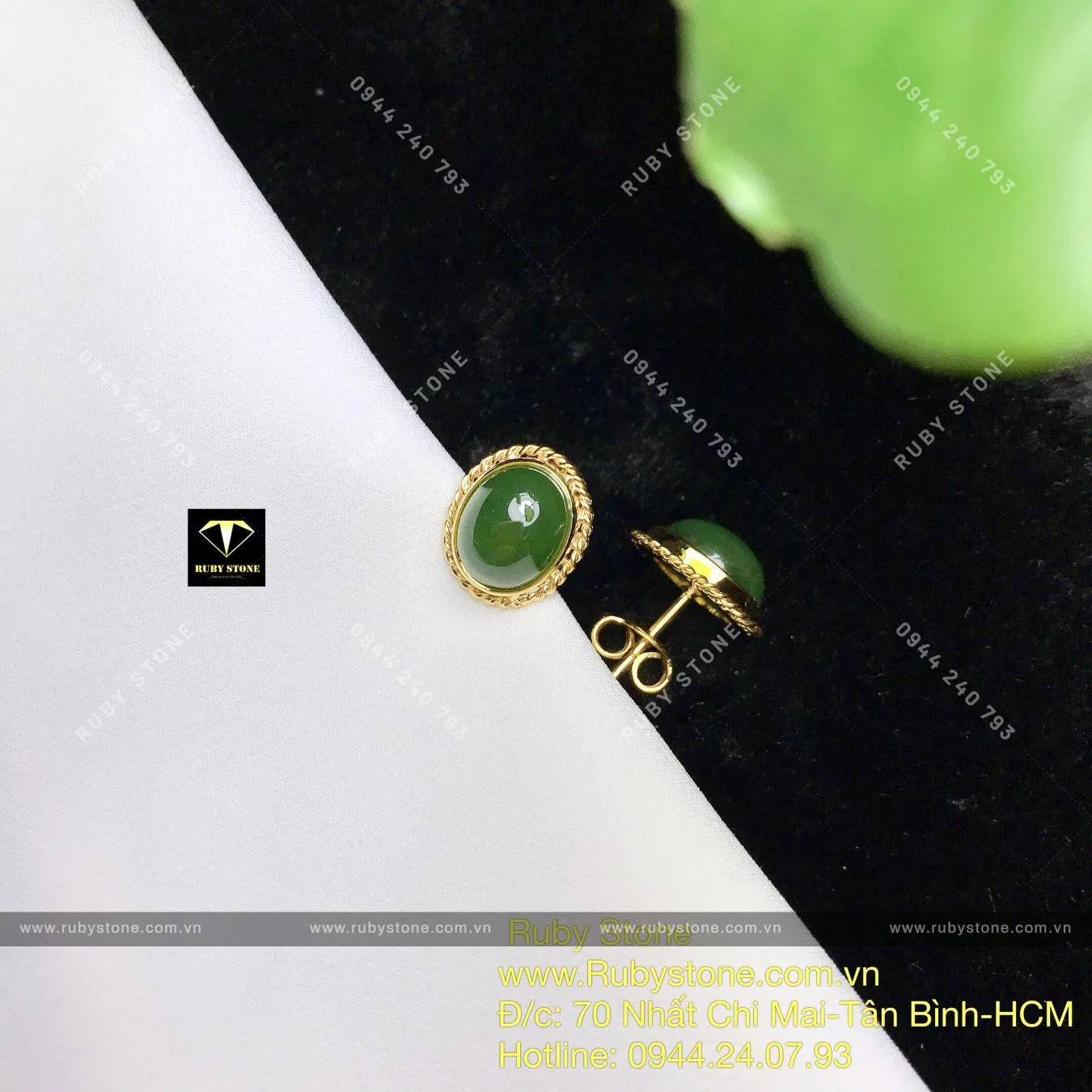 Khuyên tai ngọc bích Oval chỉ se, vàng 10k Khuyên tai ngọc bích Oval chỉ se, vàng 10k - Ảnh 8