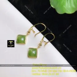Khuyên tai Ngọc bích kiểu móc câu, ổ vuông, vàng 14k - Hình ảnh 2