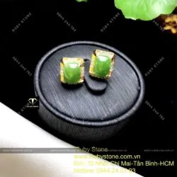 Khuyên tai Ngọc bích ổ chữ nhật, vàng 10k