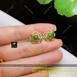 Khuyên tai ngọc bích cách điệu 5 cánh hoa, hột tròn 6 ly, vàng 10k - Ảnh 9