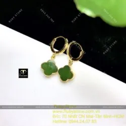 Khuyên tai cỏ 4 cánh Ngọc Bích kiểu tòng teng, vàng 10k - Ảnh 2