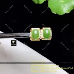 Khuyên tai Ngọc bích ổ chữ nhật, vàng 10k - Ảnh 2