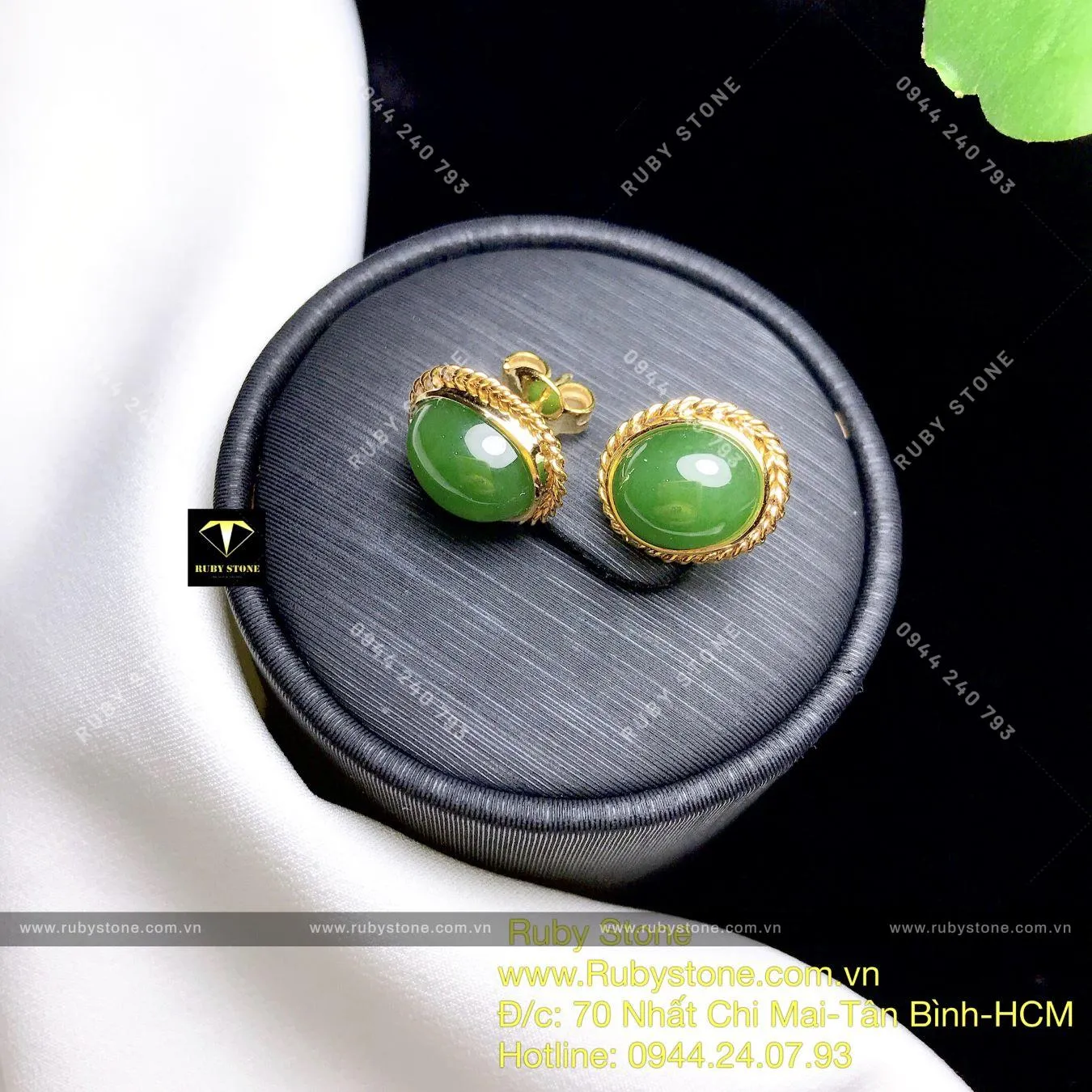 Khuyên tai ngọc bích Oval chỉ se, vàng 10k Khuyên tai ngọc bích Oval chỉ se, vàng 10k - Ảnh 3