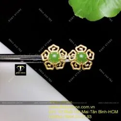 Khuyên tai ngọc bích cách điệu 5 cánh hoa, hột tròn 6 ly, vàng 10k - Ảnh 12