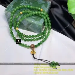 Chuỗi 108 hạt Ngọc bích Canada 8ly xanh lá, mix charm vàng đồng tâm 24k - Ảnh 3
