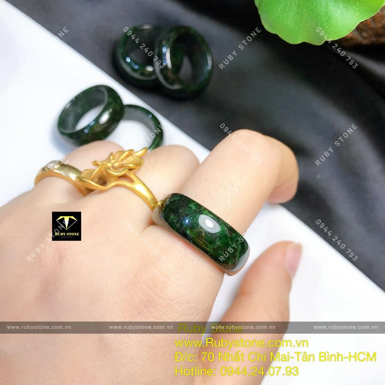 Nhẫn cẩm thạch sơn thuỷ xanh đậm, bản 10mm Nhẫn cẩm thạch sơn thuỷ xanh đậm, bản 10mm