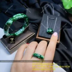 Bộ sản phẩm vòng tay - nhẫn và lu thống ngọc Cẩm thạch sơn thuỷ (jadeite A) - Ảnh 2