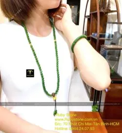 Chuỗi 108 hạt Ngọc bích Canada 8ly xanh lá, mix charm vàng đồng tâm 24k - Ảnh 2