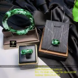 Bộ sản phẩm vòng tay - nhẫn và lu thống ngọc Cẩm thạch sơn thuỷ (jadeite A) - Ảnh 6