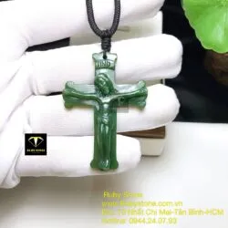 Thánh giá ngọc bích chạm tay tinh xảo, KT 50mm - Ảnh 5