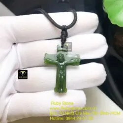 Mặt dây chuyền Thánh Giá ngọc bích chạm tay, KT 36mm - Ảnh 5