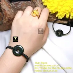 Đồng điếu ngọc Cẩm thạch sơn thuỷ xanh đen, KT 22mm - Ảnh 4