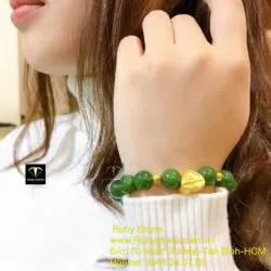 Vòng Ngọc bích xanh lá, mix charm Trái tim vàng 24k - Hình ảnh 3