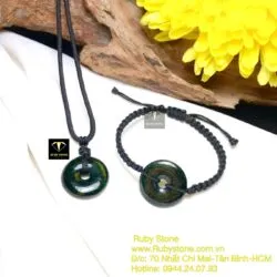 Đồng điếu ngọc Cẩm thạch sơn thuỷ xanh đen, KT 22mm - Ảnh 5