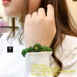 Vòng tay ngọc bích Canada xanh lý mix charm liên hoa, bi vàng 24k