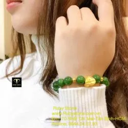 Vòng Ngọc bích xanh lá, mix charm Trái tim vàng 24k - Hình ảnh 2