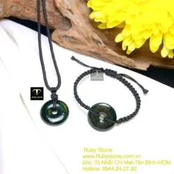 Đồng điếu ngọc Cẩm thạch sơn thuỷ xanh đen, KT 22mm - Ảnh 4